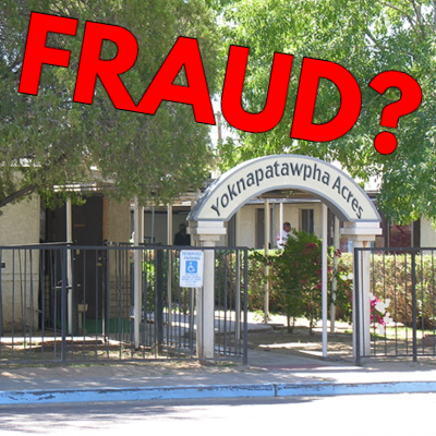 Photo of the Yoknapatawpha Acres entrance with 'Fraud?' headline
